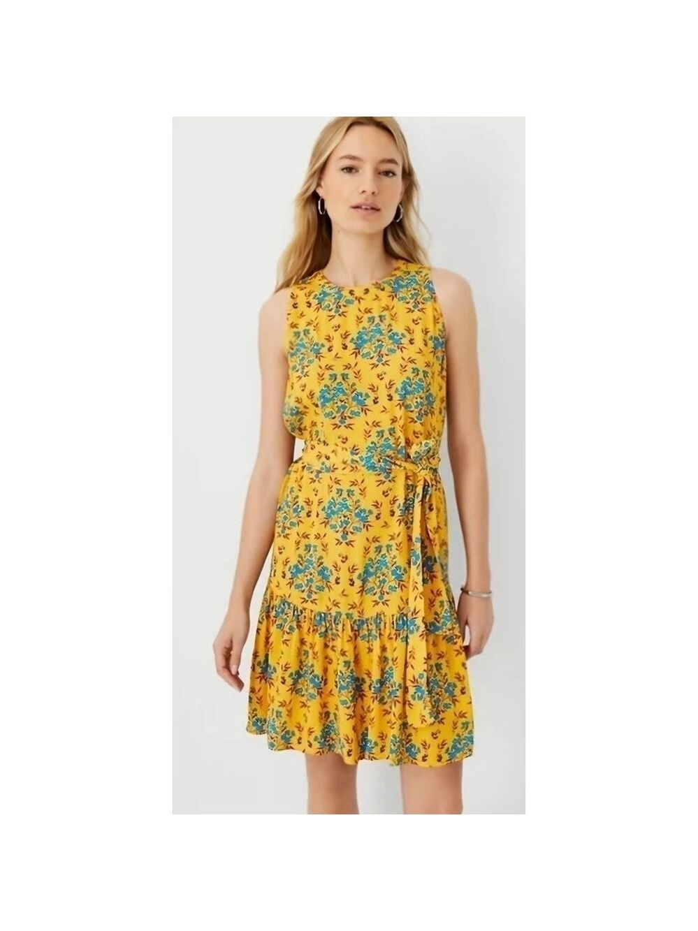NWT Ann Taylor Petite Yellow Floral Sleeveless Dress with Tie Waist